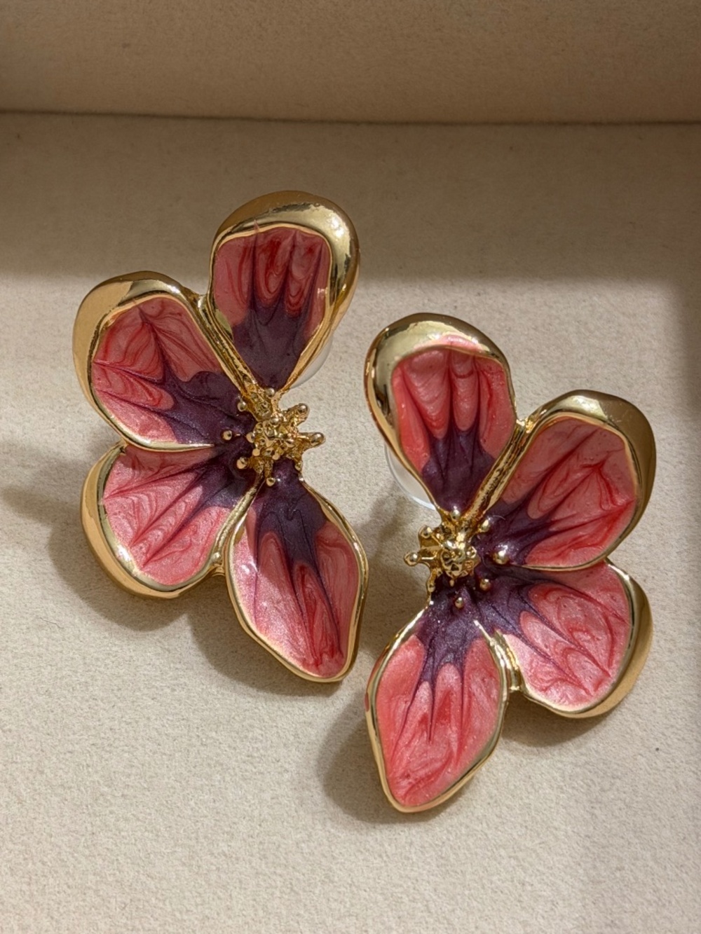 Pink Glazed Half Flower Petal Enamel Stud Statement Earrings Gold Tone